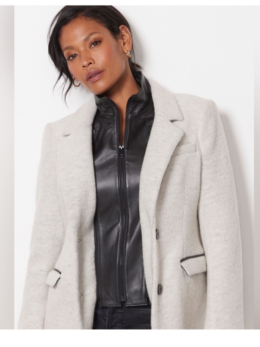 LAMARQUE Malva Wool Blend Long Coat Leather Trim Removable Leather Dickey Bib XS